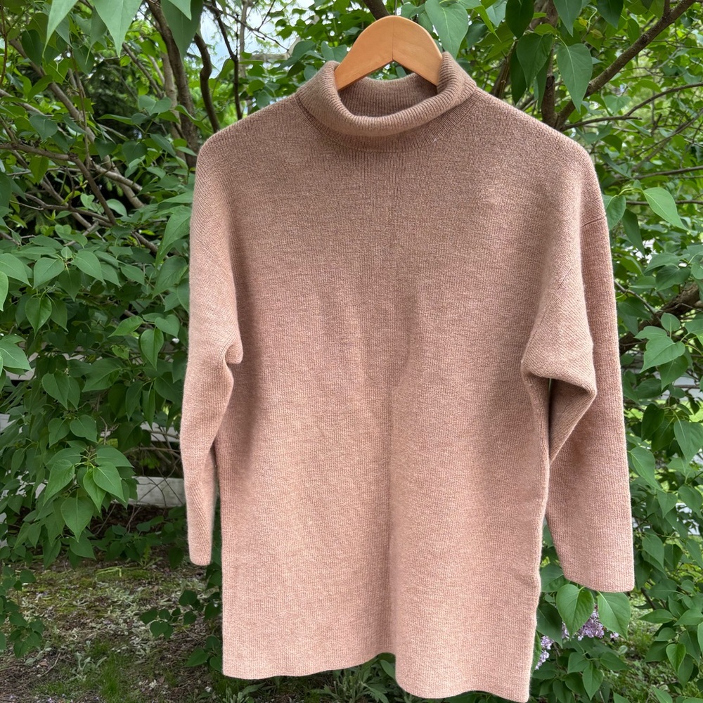 Aritzia Sweater, Tan Cowl Neck Relaxed Fit Knit, Camel wool sweater, turtle neck